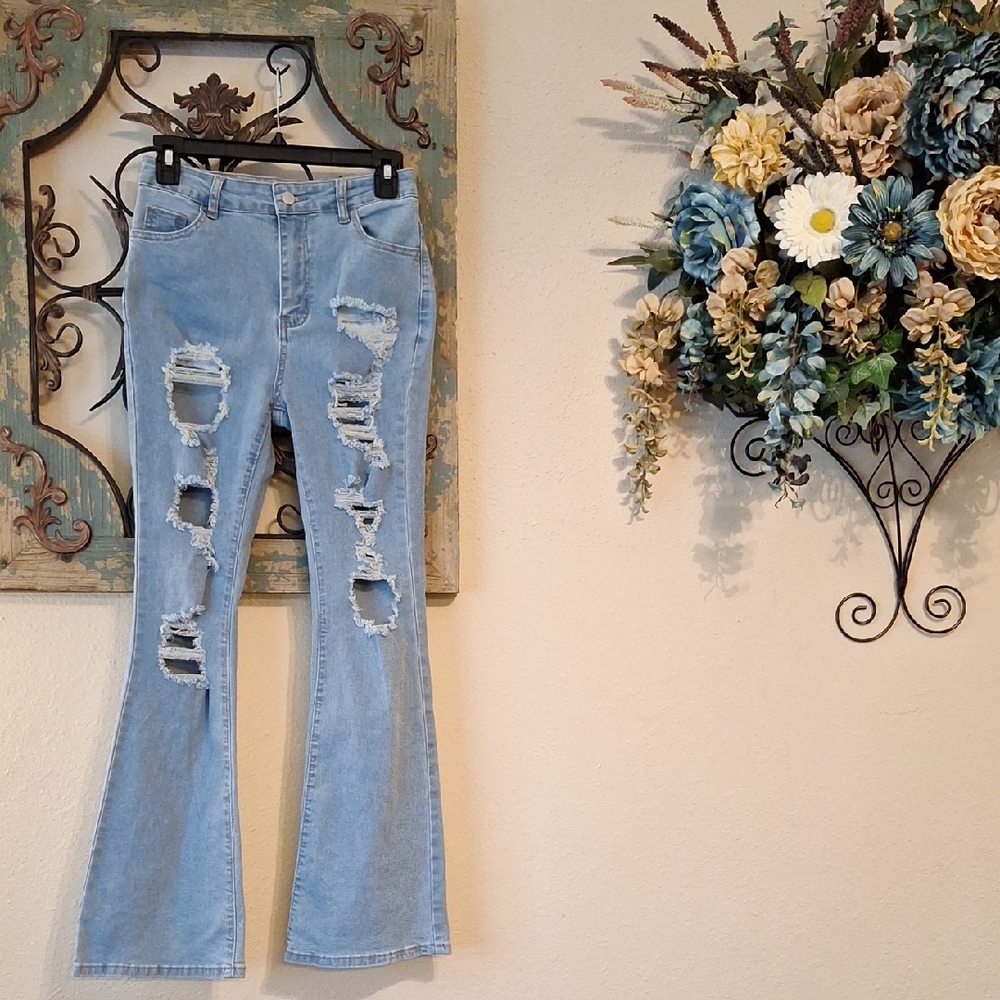 Light Blue Distressed Flare Jeans.  NWOT  Size PM